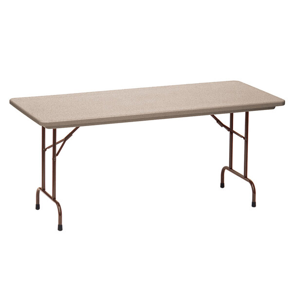A Correll rectangular folding table with a mocha granite surface and metal frame.
