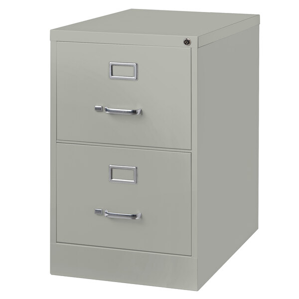 A gray Hirsh Industries two-drawer vertical legal file cabinet.