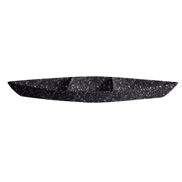 A black and white speckled boat-shaped metal dish with dividers.