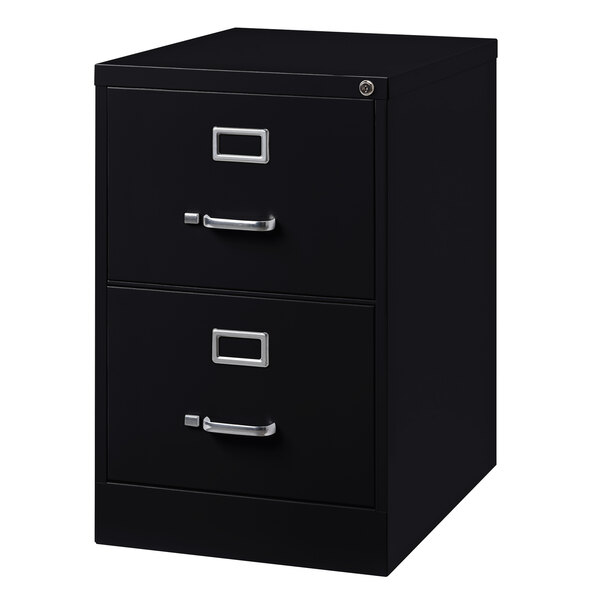A black Hirsh Industries two-drawer vertical legal file cabinet with silver handles.