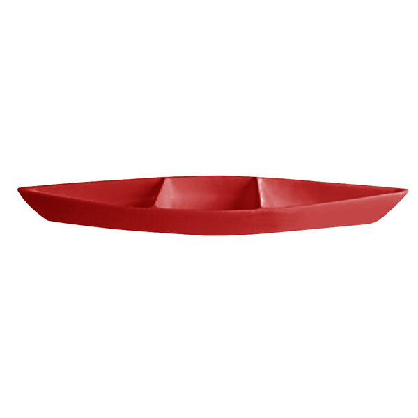 A red boat-shaped G.E.T. Enterprises Bugambilia bowl with dividers.