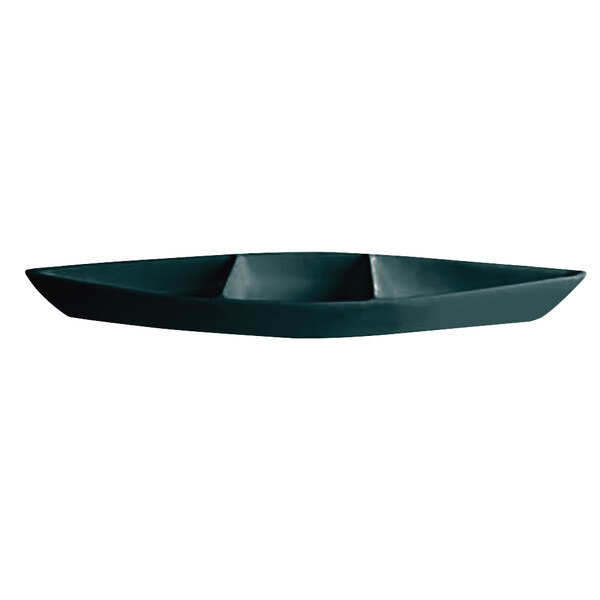 A forest green boat-shaped metal serving tray with dividers.