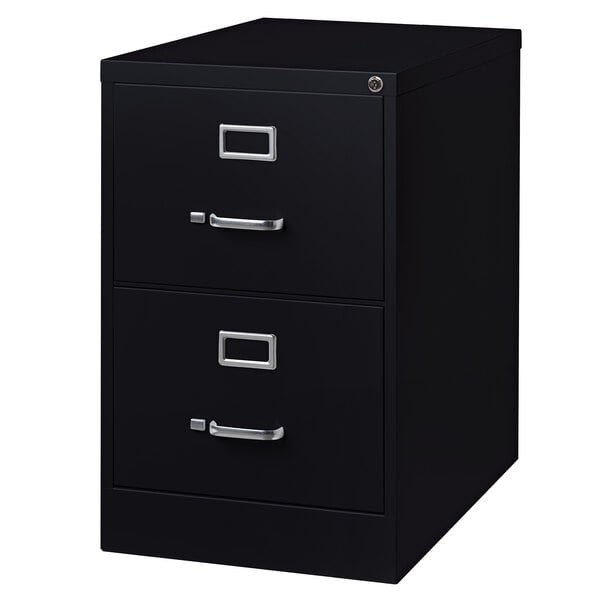 A black Hirsh Industries two-drawer vertical legal file cabinet.