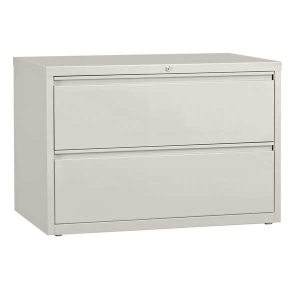 A gray Hirsh Industries lateral file cabinet with two drawers.