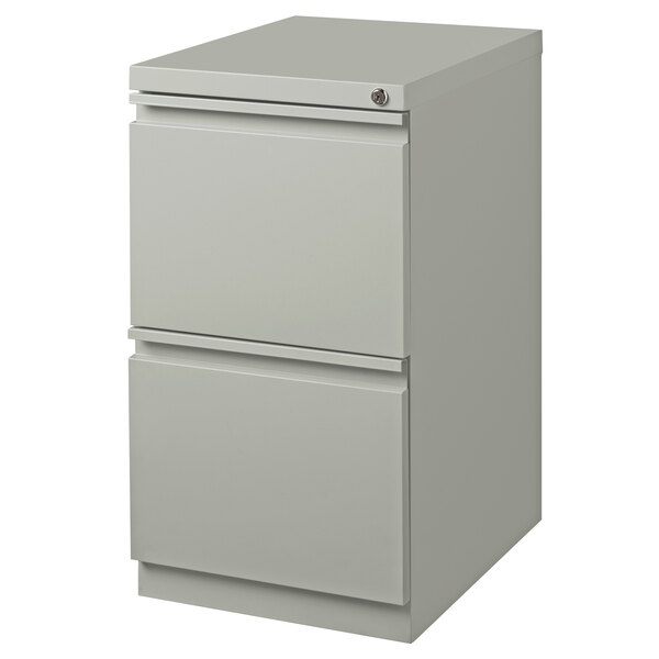 A gray Hirsh Industries mobile pedestal letter file cabinet with two drawers.