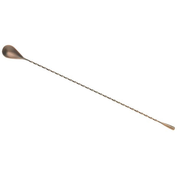 An antique copper-plated stainless steel Barfly classic bar spoon with a long handle.