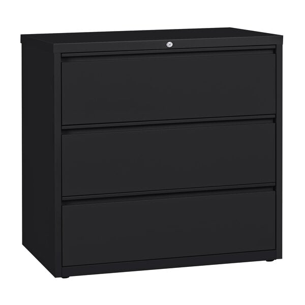 A black Hirsh Industries three-drawer lateral file cabinet.