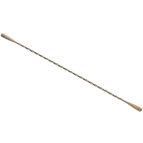 An antique copper-plated stainless steel double end stirrer with a long thin metal stick.