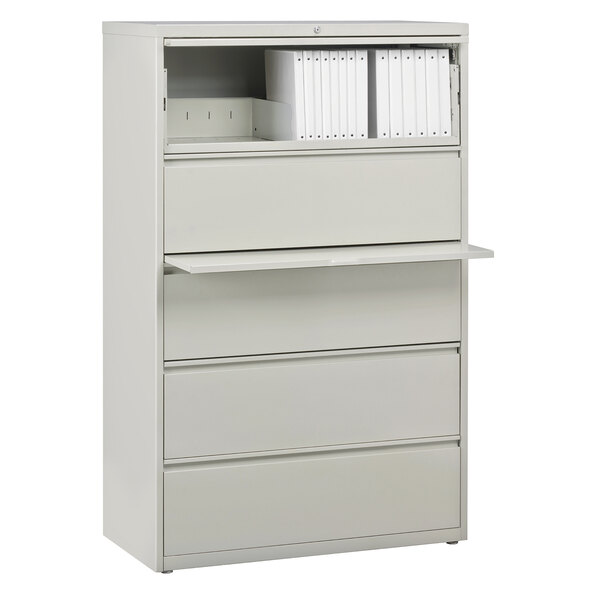A gray Hirsh Industries lateral file cabinet with three drawers and two roll-out shelves.
