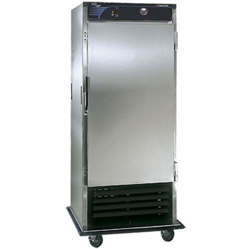 A large silver Cres Cor refrigerator on wheels with a door.