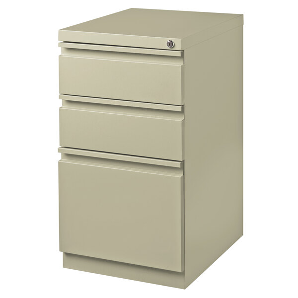A white Hirsh Industries mobile file cabinet with three drawers.