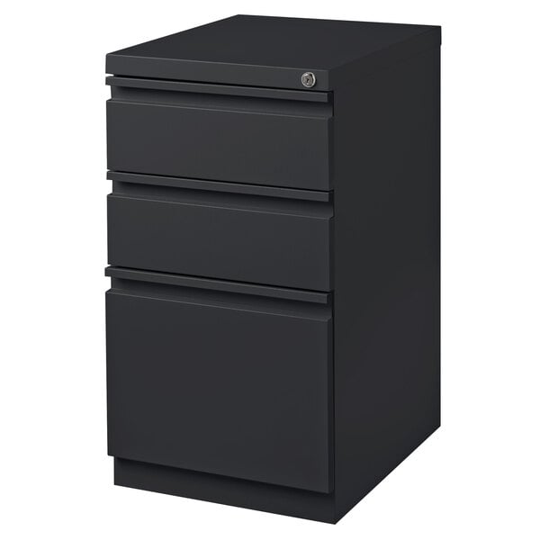A charcoal Hirsh Industries mobile pedestal file cabinet with three drawers.