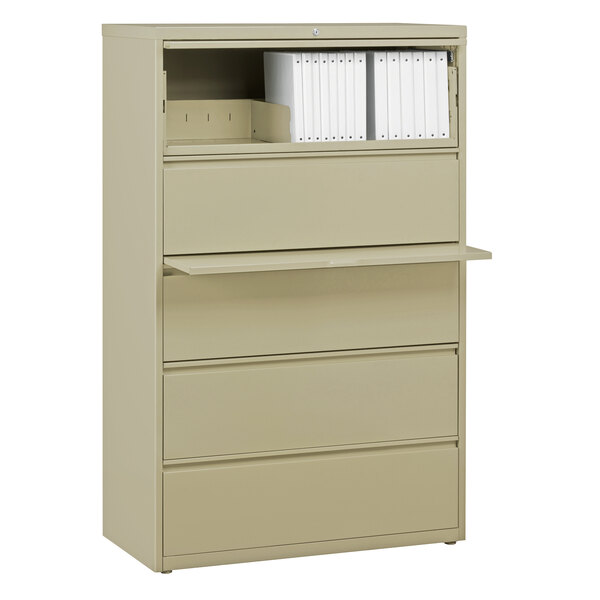 A Hirsh Industries putty lateral file cabinet with five drawers.