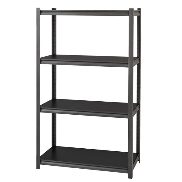 A gray metal shelving unit with four shelves.
