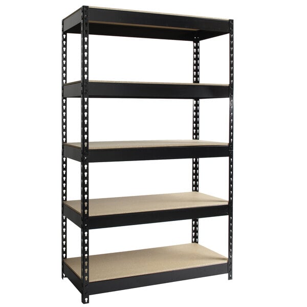 A black metal Hirsh Industries boltless shelving unit with four shelves.