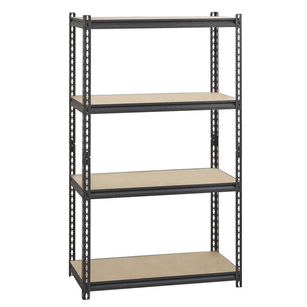 A black metal Hirsh boltless shelving unit with four particleboard shelves.