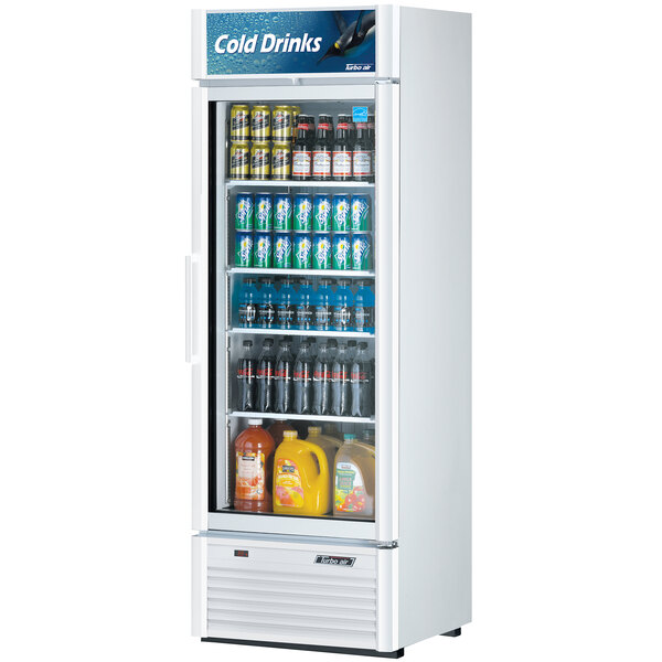 A white Turbo Air Super Deluxe merchandising refrigerator with drinks in it.