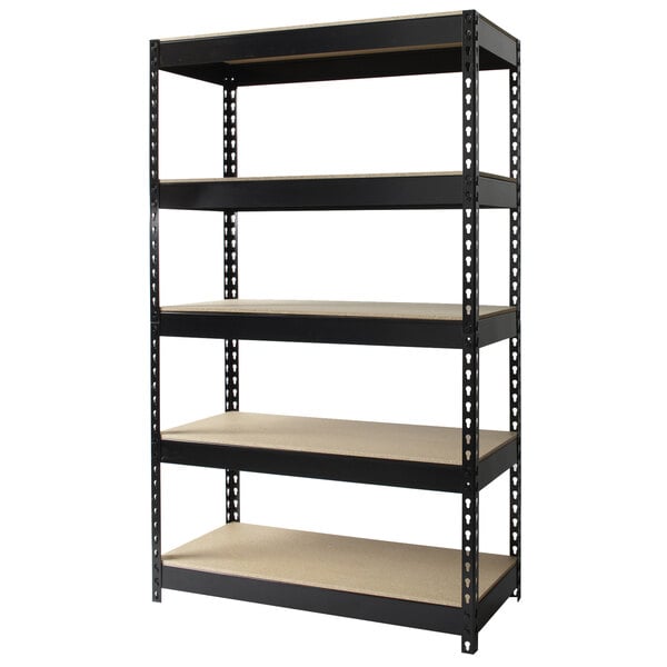 A black metal Hirsh Industries boltless shelving unit with four particleboard shelves.