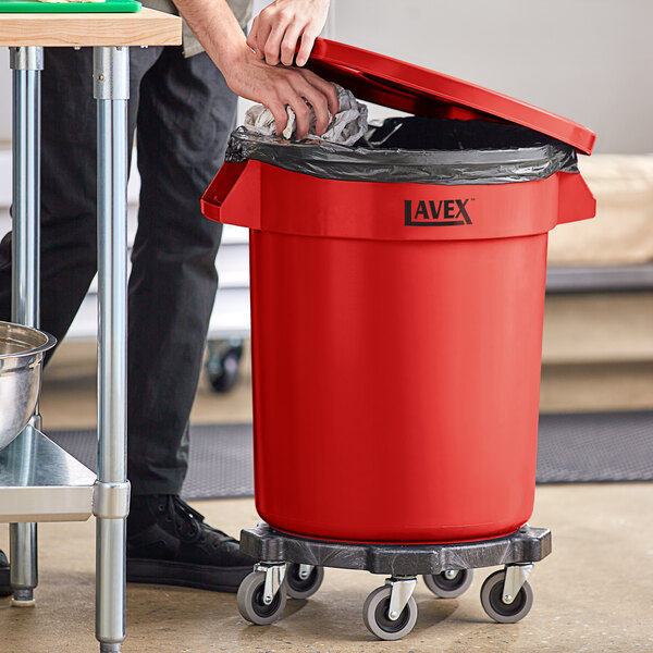 Lavex Red Round Commercial Trash Can with Lid and Dolly