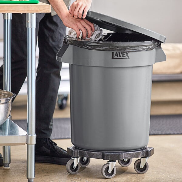 Lavex Gray Round Commercial Trash Can with Lid and Dolly