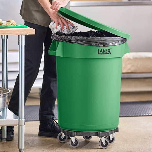 Lavex 32 Gallon Green Round Commercial Trash Can with Lid and Dolly