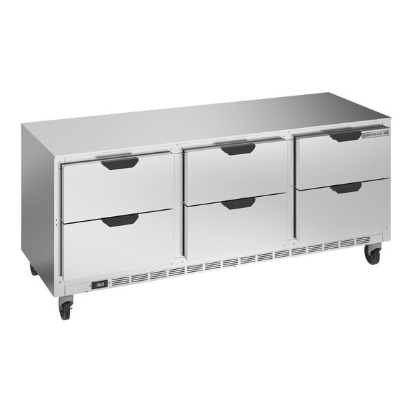 A stainless steel Beverage-Air undercounter refrigerator with 6 drawers.