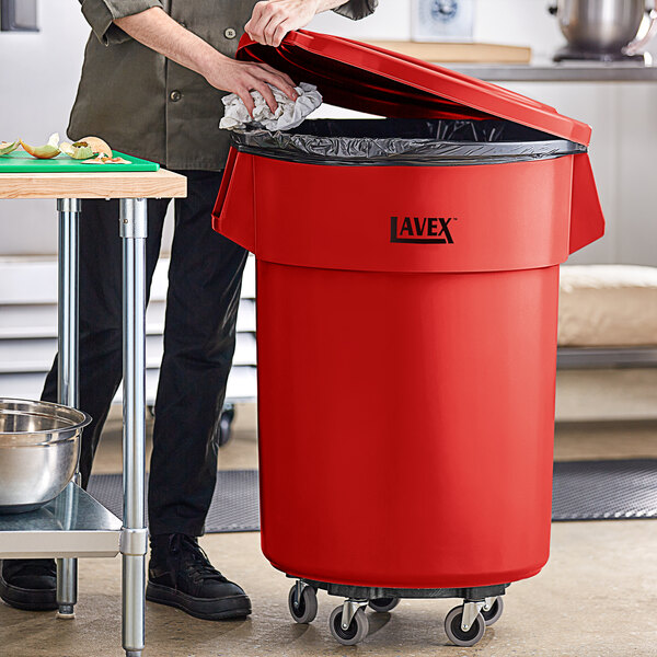 Lavex 55 Gallon Red Round Commercial Trash Can with Lid and Dolly