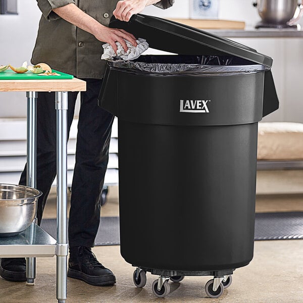 Lavex 55 Gallon Black Round Commercial Trash Can with Lid and Dolly