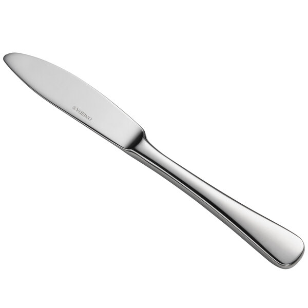 A close-up of a Oneida Acclivity stainless steel butter knife with a silver handle.