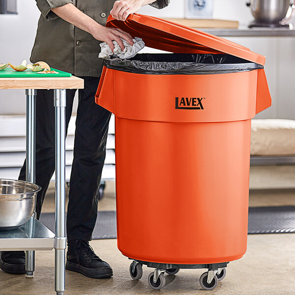 Lavex 55 Gallon Orange Round High Visibility Commercial Trash Can with Lid and Dolly