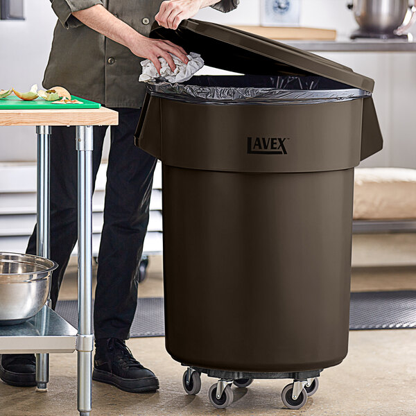 Lavex 55 Gallon Brown Round Commercial Trash Can with Lid and Dolly