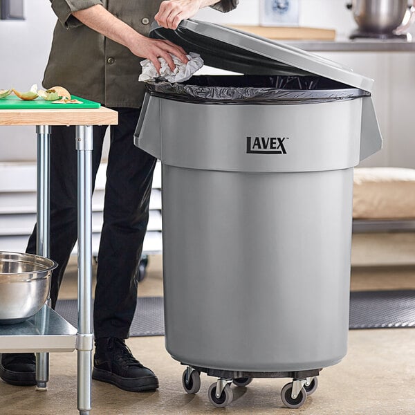 Lavex 55 Gallon Gray Round Commercial Trash Can with Lid and Dolly