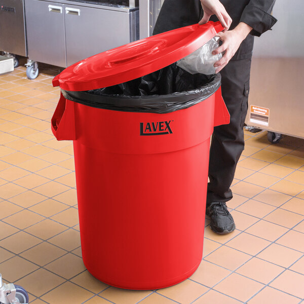 Lavex 44 Gallon Red Round Commercial Trash Can and Lid