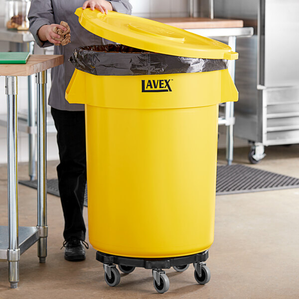 Lavex 44 Gallon Yellow Round Commercial Trash Can with Lid and Dolly