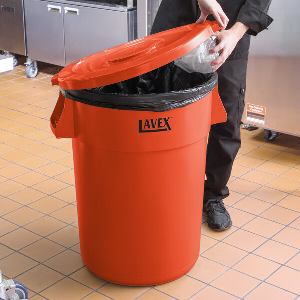 Lavex 44 Gallon Orange Round High Visibility Commercial Trash Can and Lid