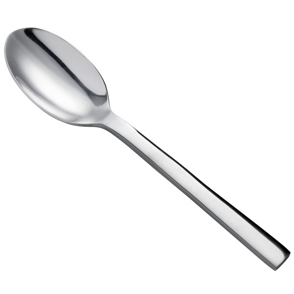 A Oneida stainless steel teaspoon with a silver handle on a white background.