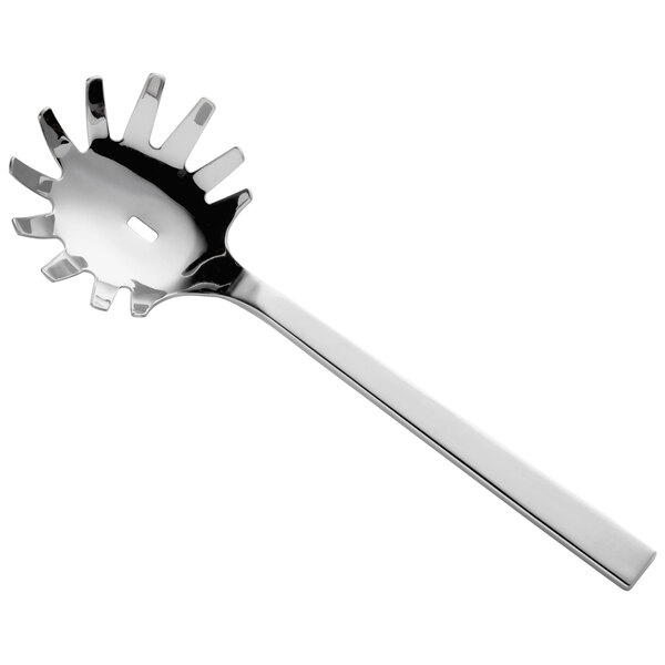 A Oneida stainless steel pasta server with a hole in the middle.