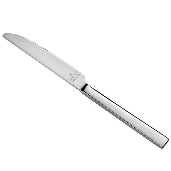 A close-up of a Oneida stainless steel dessert knife with a silver handle.