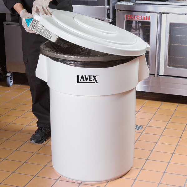 Lavex 55 Gallon White Round Commercial Trash Can and Lid