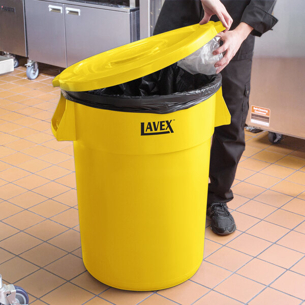 Lavex 44 Gallon Yellow Round Commercial Trash Can and Lid