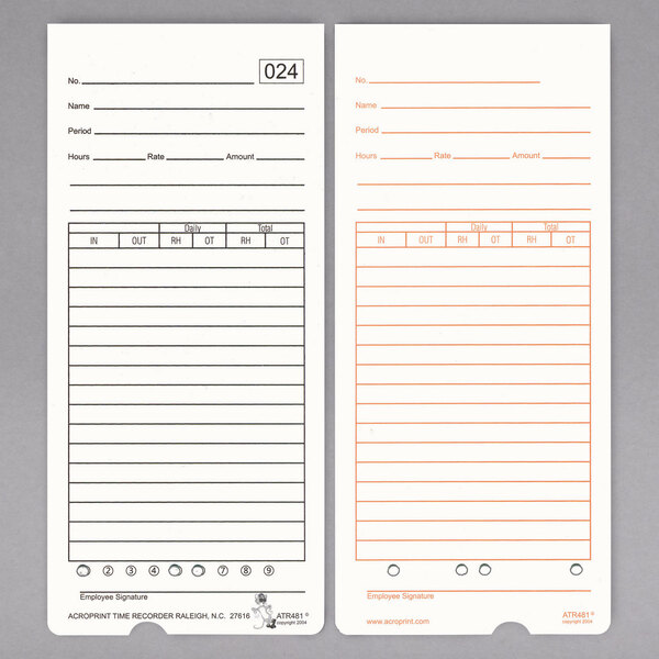 An Acroprint time card pack with orange writing on the cards.
