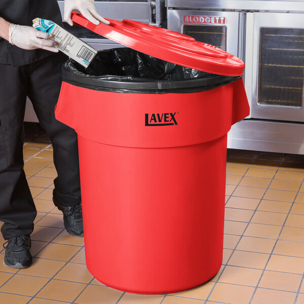 Lavex 55 Gallon Red Round Commercial Trash Can and Lid
