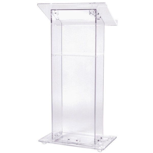 A clear acrylic podium with a shelf.
