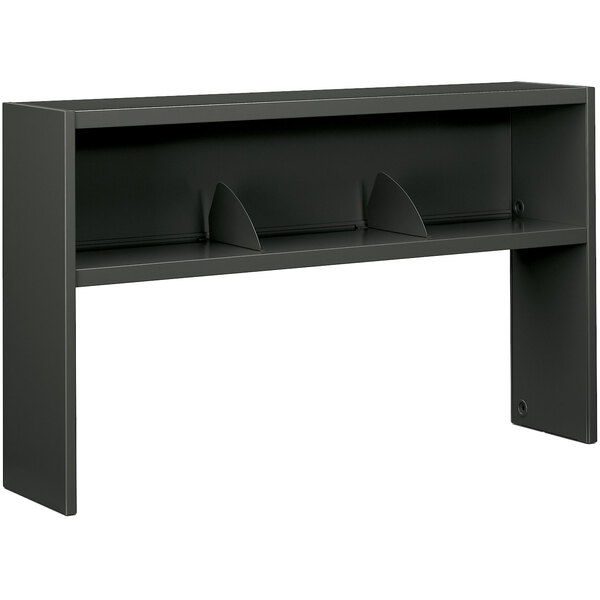 A black desk hutch with two shelves.