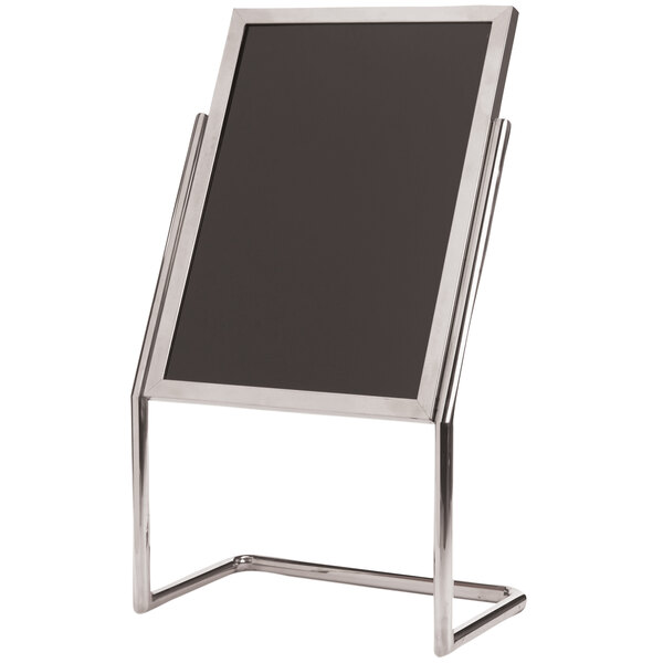 A black board with a silver metal frame on a metal stand.