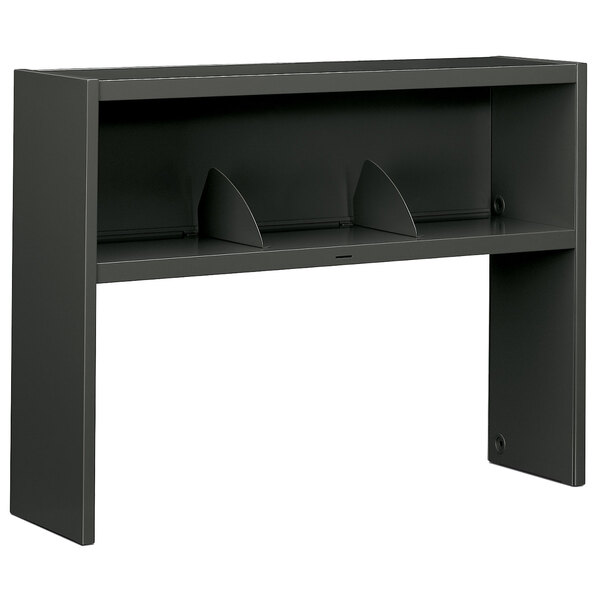 A black HON steel desk hutch with two shelves.