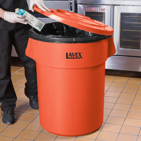 Lavex 55 Gallon Orange Round High Visibility Commercial Trash Can and Lid
