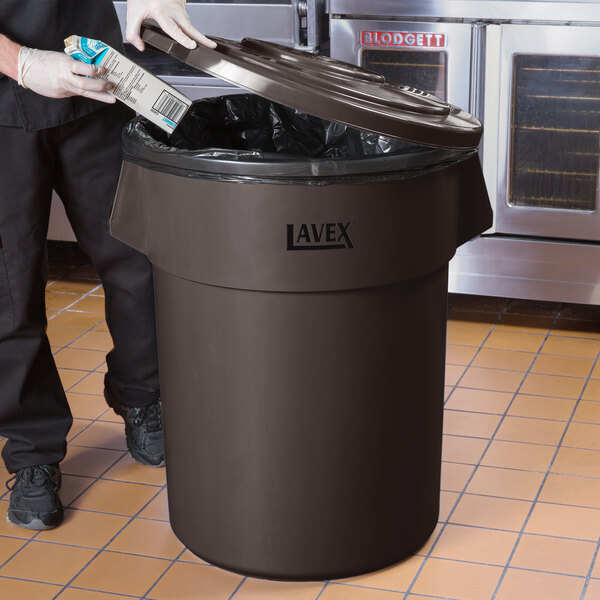 Lavex 55 Gallon Brown Round Commercial Trash Can and Lid