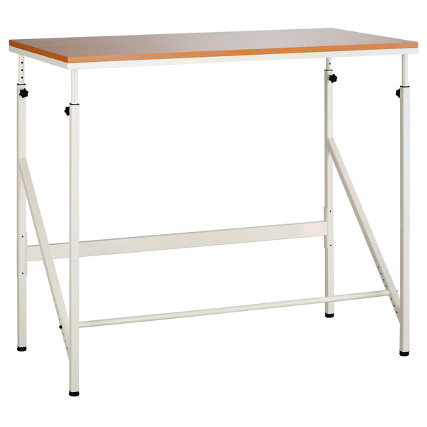 A Safco Elevate standing height desk with a beech wood top and white frame.