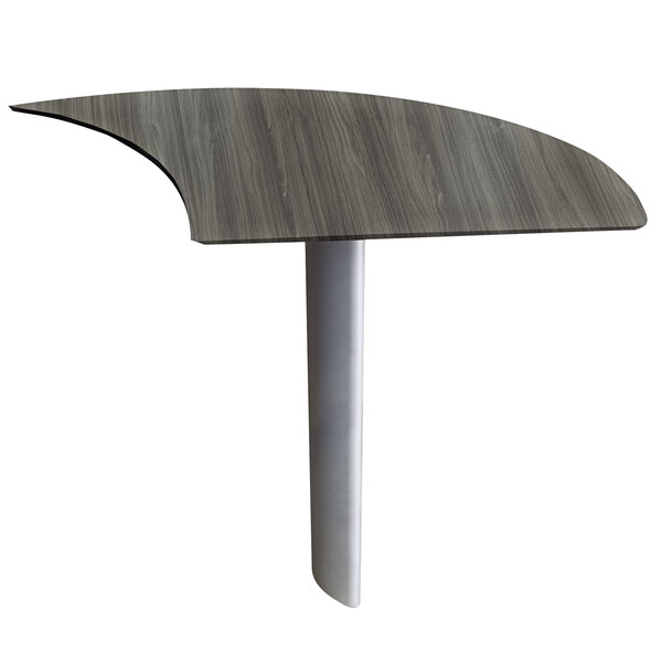 A Safco Medina curved desk extension with a gray steel base and a wood top.